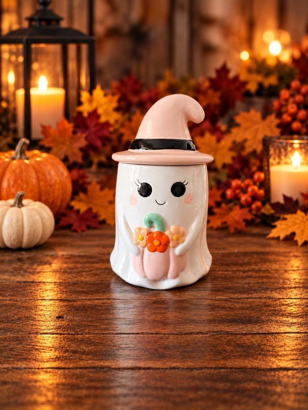 New Halloween Ghost W/ Hat Holding Flowers Holiday Cookie Jar Kitchen Decor